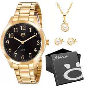Caixa + Brincos + Relogio Feminino Dourado Aço Inox + Colar Moda Social Strass Presente Casual
