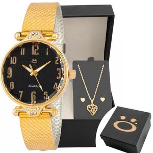 Relogio Feminino Banhado Dourado + Caixa + Colar Brinco Coração Social Qualidade Premium Casual
