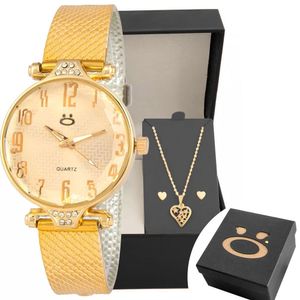 Relogio Feminino Aço Dourado + Colar Brinco Coração + Caixa Original Social Presente Inoxidável