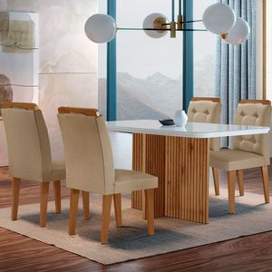 Sala De Jantar Mesa Olímpia 120cm Mdf Vidro Canto Copo Com 4 Cadeiras Turim - Off White - Imbuia
