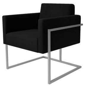 Poltrona Decorativa Bélgica Couro Preto Metal Champanhe