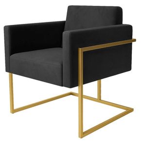 Poltrona Decorativa Bélgica Veludo Cinza Metal Dourado