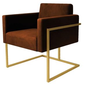 Poltrona Decorativa Bélgica Couro Caramelo Metal Dourado