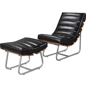 Poltrona Costela Rubi Com Puff Couro Preto Metal Champanhe