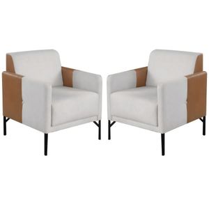 Kit 2 Poltronas Decorativa América Linho Mesclado Couro Bege Metal Preto