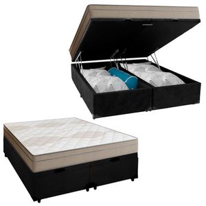 Cama Box Baú Casal Bipartido Suede + Colchão De Molas Ensacadas Portobel Ipanema - 138x188x66cm Preto