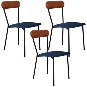 Kit 03 Cadeiras Estofada Para Sala De Jantar Liora Preto C01 Linho Azul Courino Caramelo - Lyam Decor