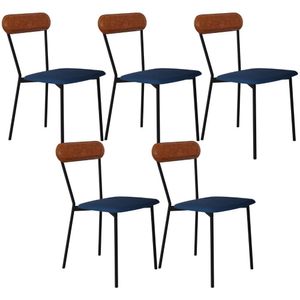 Kit 05 Cadeiras Estofada Para Sala De Jantar Liora Preto C01 Linho Azul Courino Caramelo - Lyam Decor
