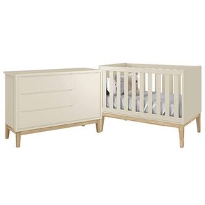 Jogo De Quarto Classic Cômoda Com Porta E Berço Areia Fosco Com Pés Madeira Natural - Reller Móveis Areia Fosco