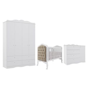 Dormitório Encanto Guarda Roupa, Cômoda E Berço Harmonia Branco Com Capitonê - Permóbili Baby Branco