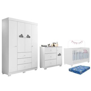Dormitório Infantil Ane Guarda Roupa, Cômoda E Berço Encanto Branco Com Colchão Physical - Phoenix Baby Branco