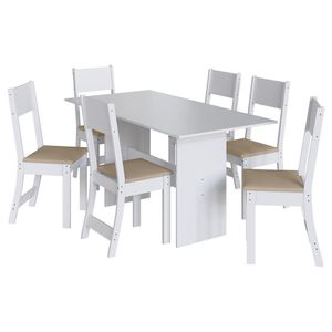 Mesa De Jantar Karla 150x76 Com Tampo Em Mdp E 6 Cadeiras Branco-bege - Indekés Branco-bege