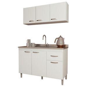 Kit Pop 120cm Com Armário Aéreo E Balcão Branco Sem Tampo - Indékes Branco
