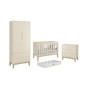 Dormitório Classic 2 Portas Areia Fosco Com Pés Madeira Natural E Colchão D18 Branco - Reller Móveis Areia Fosco