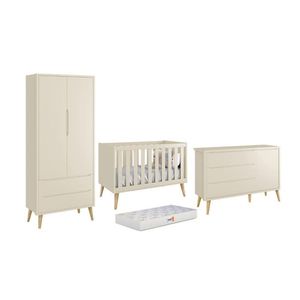 Dormitório Theo 2 Portas, Cômoda Com Porta Areia Fosco Com Pés Madeira Natural E Colchão D18 - Reller Móveis Areia Fosco