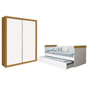 Jogo De Quarto Guarda Roupa Prince E Bicama Nuth Branco-savana Com 2 Colchões Supreme - Reller Móveis Branco-savana