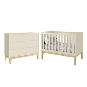 Jogo De Quarto Infantil Classic Cômoda 6 Gavetas E Berço Areia Fosco Com Pés Madeira Natural - Reller Móveis Areia Fosco