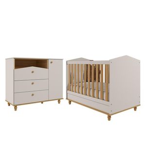 Jogo De Quarto Infantil Cômoda Casinha 1 Porta E Berço Americano Mimo Off White-nature - Permóbili Baby Off White-nature