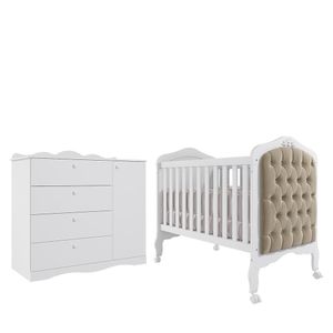 Jogo De Quarto Infantil Cômoda Encanto E Berço Harmonia Branco Com Capitonê - Permóbili Baby Branco