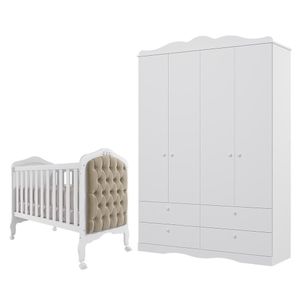 Jogo De Quarto Infantil Guarda Roupa Encanto E Berço Harmonia Branco Com Capitonê - Permóbili Baby Branco
