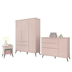 Jogo De Quarto Infantil Retrô Melinda Guarda Roupa, Cômoda Com Porta E Mesinha Rosê - Phoenix Baby Rosê