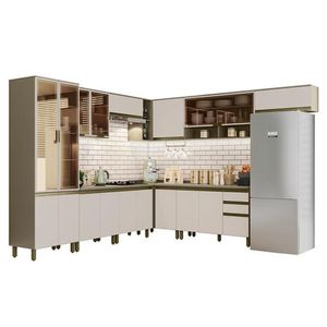 Cozinha Completa De Canto 10 Peças Connect Duna-cristal Com Cristaleira E Aéreo Vidro - Móveis Henn Duna-cristal