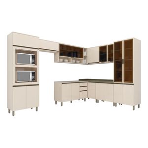 Cozinha Completa De Canto Connect 9 Peças Off White Com Torre Quente E Cristaleira - Móveis Henn Off White