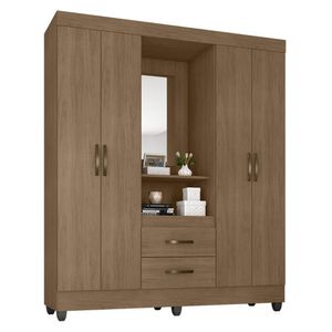 Guarda Roupa Capelinha Lite 4 Portas E 2 Gavetas Carvalho Oak Com Espelho - Móveis Leão Carvalho Oak