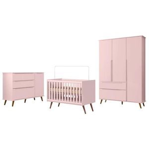 Dormitório Melinda Guarda Roupa, Cômoda Com Porta E Berço Retrô Rosê Acetinado - Phoenix Baby Rosê Acetinado