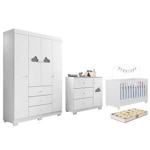 Dormitório Infantil Ane Guarda Roupa, Cômoda E Berço Encanto Branco Com Colchão Supreme - Phoenix Baby Branco