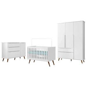 Dormitório Melinda Guarda Roupa, Cômoda Com Porta E Berço Retrô Branco Acetinado - Phoenix Baby Branco Acetinado