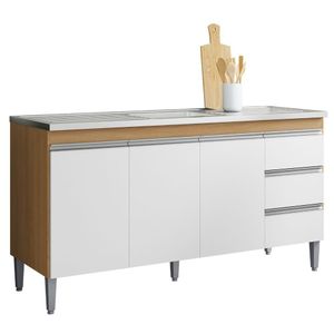 Balcão Para Pia Andréia 150 Cm 3 Portas Amendoa Branco Ajl