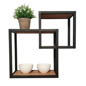 Nicho Duo Cubo Aço Ferro Metal Robusto Cor Preto Mdf Claro Estilo Industrial Ni-01