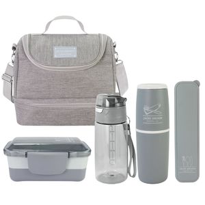 Kit De Bolsa Térmica 2 Compartimentos, Marmita E Garrafa, Porta Talher E Porta Escova Cinza