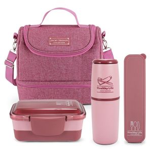 Kit Bolsa Térmica 2 Andares, Marmita, Porta Talheres E Porta Escova Rosa