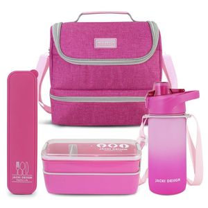 Kit Bolsa Térmica Pote Marmita 750ml Garrafa 550ml E Porta Talheres Vibe Pink