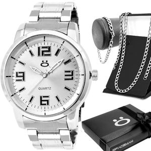 Relogio Prata Aço Inoxidavel + Cordao + Pulseira + Caixa Grumet Original Robusto Masculino Ponteiro