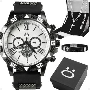 Relogio Aço Masculino + Cordao Crucifixo + Pulseira + Caixa Presente Robusto Original Branco Preto
