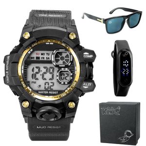 Relogio Prova Dagua Digital + Oculos Sol Protecao Uv Qualidade Premium Menino Presente Data Silicone
