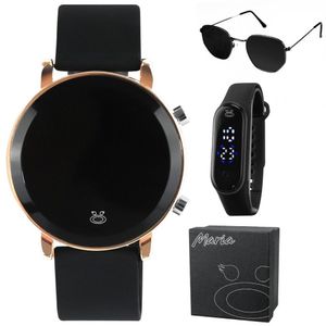 Relogio Aço Banhado Digital Feminino + Oculos Sol + Caixa Preto Casual Dourado Moda Presente