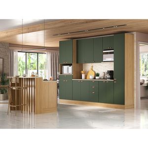 Cozinha Modulada Completa Com Bancada Ilha 8 Peças Com Tampo Freijó/verde Amalfi
