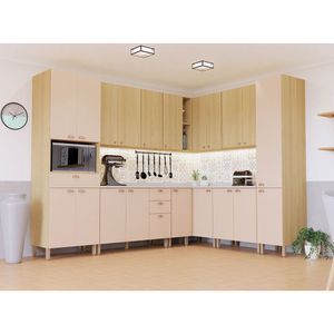 Cozinha Modulada Completa De Canto 10 Peças Com Tampo E Roda Freijó/freijó Brasil/petala Rosa