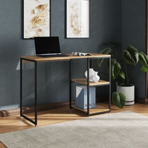 Mesa Escritório Berlim Industrial Com Prateleira Ferro Preto Tampo 110x46 Freijó