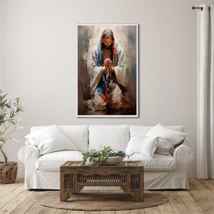 Quadro Decorativo Religioso Jesus Em Oração 1 Tela 80cm X 120cm Para Sala/ Quarto/ Igreja Branco