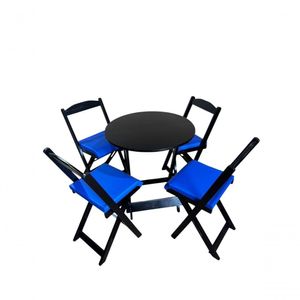 Conjunto Mesa Dobrável Com 4 Cadeiras Preto Estofado Azul Redonda