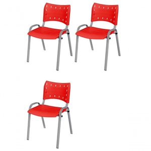 Cadeira Iso Base Cinza Escola, Escritório Vermelho Kit 3 Un