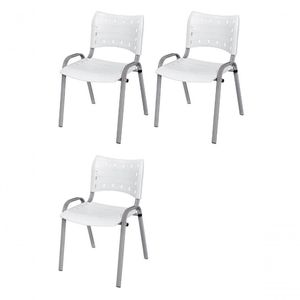 Cadeira Iso Base Cinza Escola, Escritório Branco - Kit 3 Un