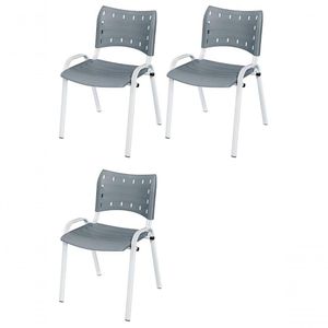 Cadeira Iso Base Branco Escola, Escritório Cinza - Kit 3 Un