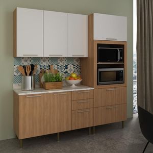 Cozinha Compacta 3 Peças Com Armário Paneleiro E Balcão Com Tampo Multimóveis Cr20450 Freijó/branco/mármore Branco