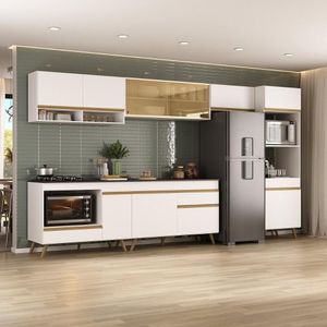 Armário De Cozinha Modulada Completa 357cm Com Balcão Para Cooktop Veneza Multimóveis Mp2274 Branco/dourado